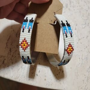 Handcrafted Beaded Hoop Earrings - White, Blue, Red, Yellow
